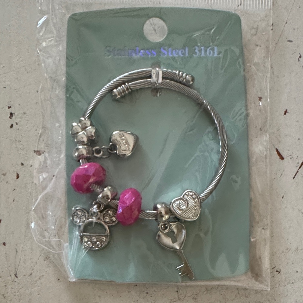 Silver Charm Bracelet with Pink Beads. Mickey Mouse stainless.